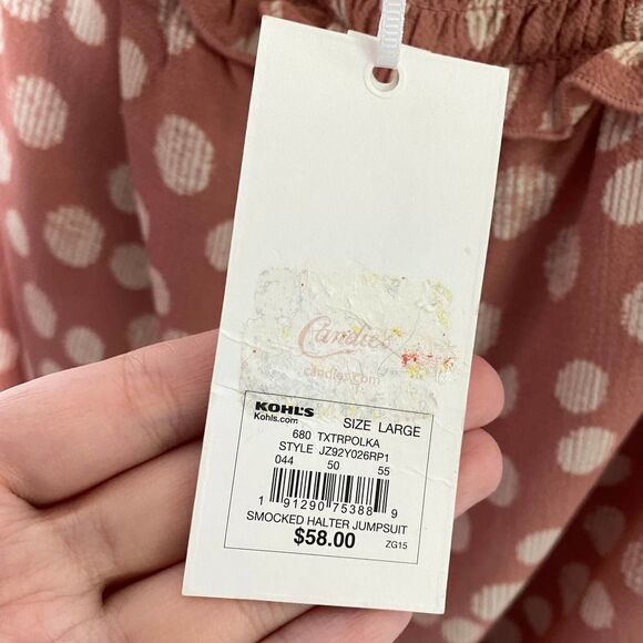 Candie's Smocked Sleeveless Polka Dot Halter Tie Jumpsuit Large Pink White New - Picture 7 of 12